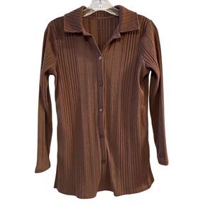 Cuddl Duds Women's Petite Brown Button-Up Top Long Sleeve Size S